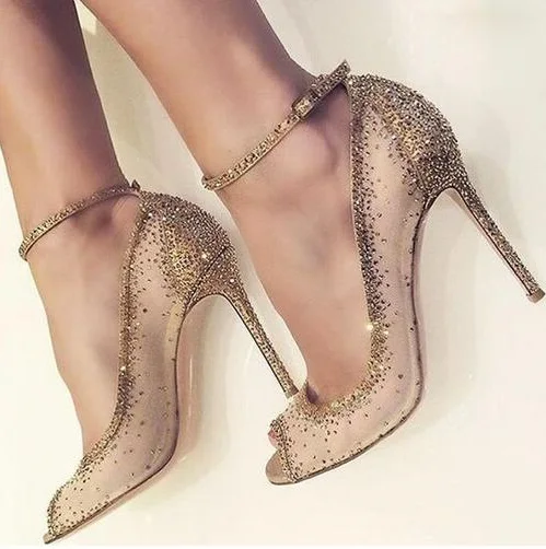 Spring Fashion Women Open Toe Gold Bling Bling Diamond Pumps Crystal 