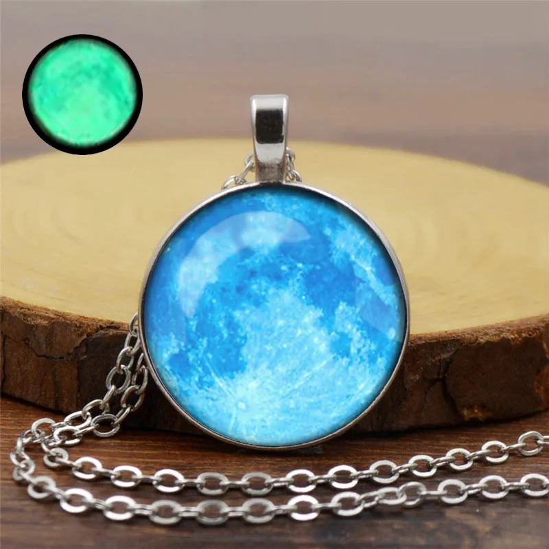 Hot sale Glow In The Dark Moon Pendant Necklace Galaxy Planet Glass Cabochon Luminous Jewelry Silver Chain Necklace Women