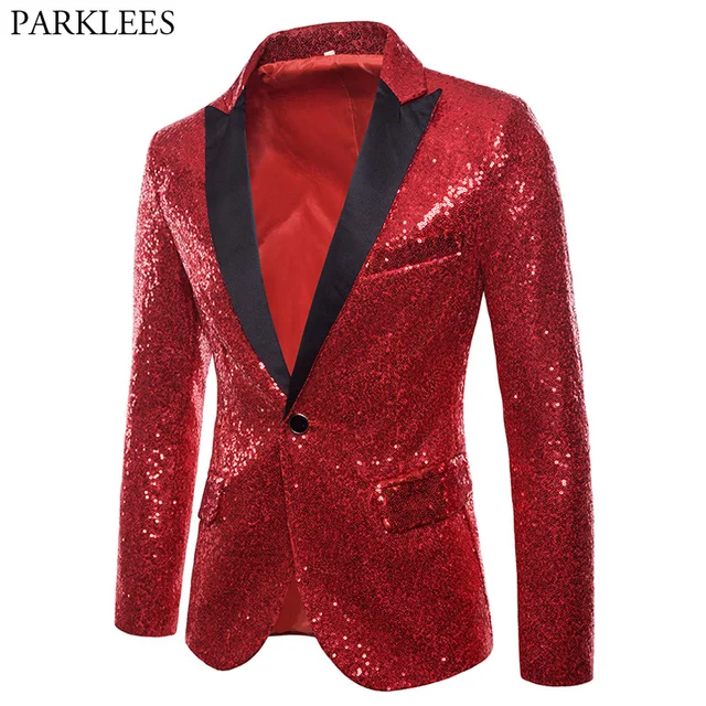 Shiny Red Sequin Blazer Jacket Men 2018 Brand New Slim Fit One Button