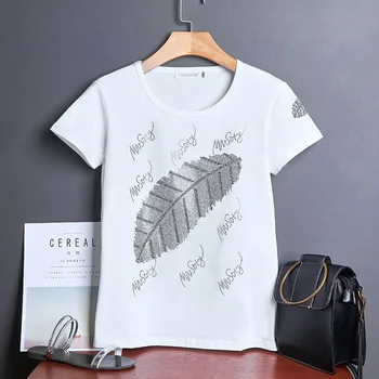 

Fashion summer New 2020 leaves decorate diamonds short sleeved white tshirt women casual loose oversized tee top for girls C1164