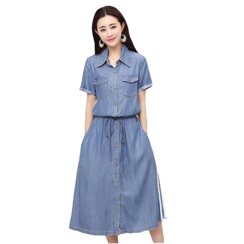

Lace-Up Elastic Waist Denim Dresses 2019 Summer Single-breasted Jeans Dress Women Vintage Casual Short Sleeve Sundress Femme