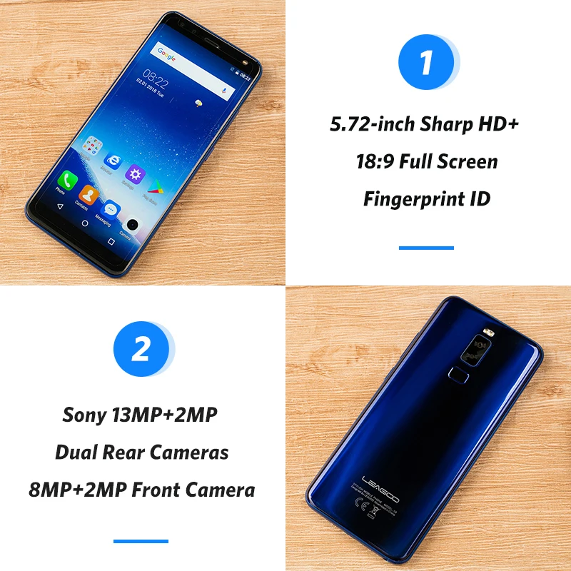  LEAGOO S8 5.72 full screen Mobile Phone Android 7.0 MTK6750T Octa Core 3GB+32GB 13MP 4 Cameras Fing