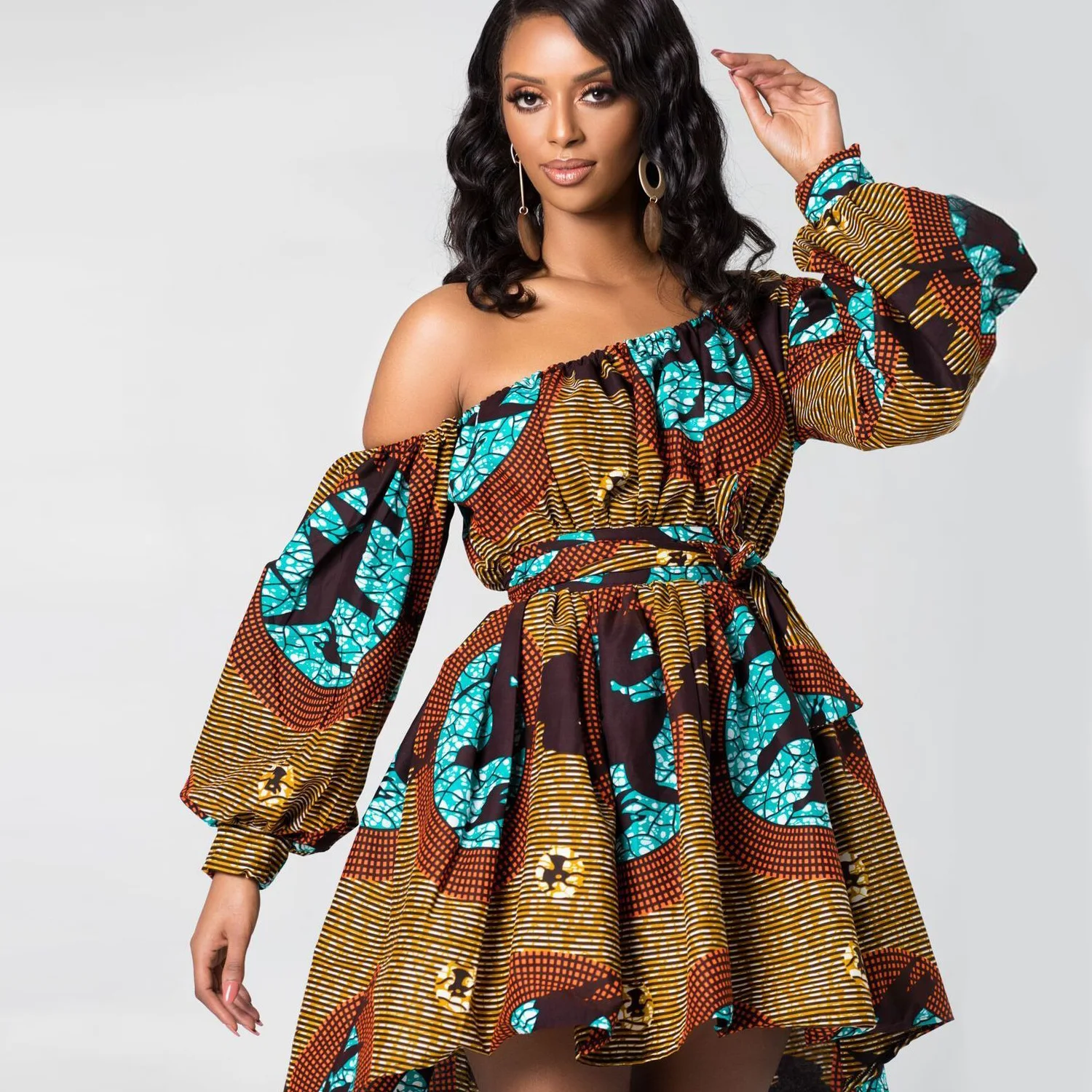 Африканские платья для женщин новости африканская Дашики одежда Базен печать Асимметричный плеча с модной одеждой Vestidos