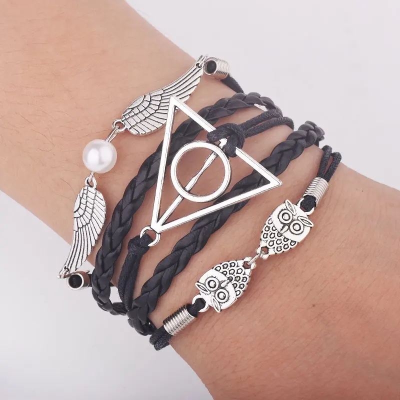 

Vintage Leather Cord Infinity Bracelet Deathly Hallows with Owl Snitch Wings Imitation Pearl for Women or Men Gifts