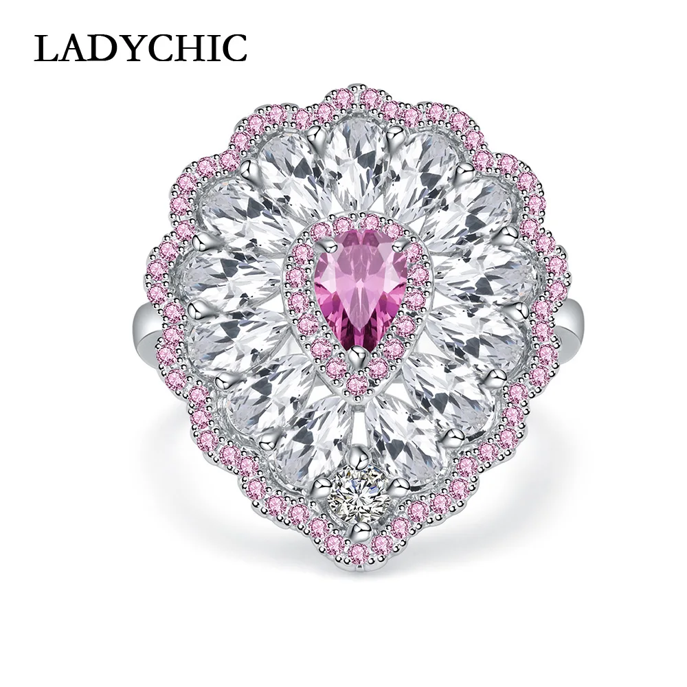 

High Quality Luxury Water Drop Shape Multicolor Cubic Zirconia Ring Pink & Yellow Crystal Wedding Jewelry Wholesale Dropshipping