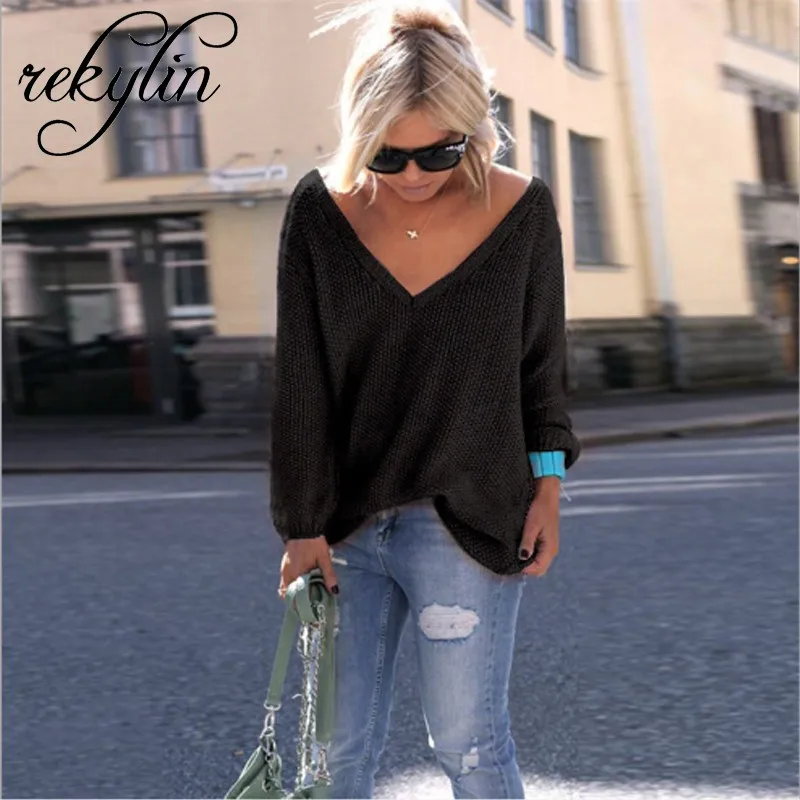 

Autumn and Winter V-neck Large Size Solid Color 2019 New Fashion Pullover Sweater Women's Knit Loose Long Sleeves Sweater