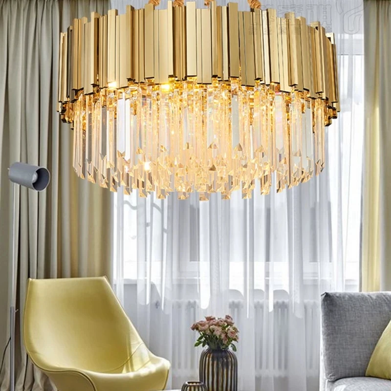 Modern Luxury Crystal Chandelier Stainless Steel Chain Living Room Lamp Hotel Lighting
