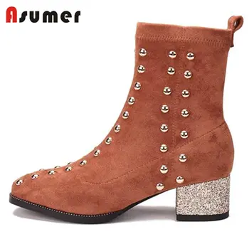 

ASUMER black 2020 NEW fashion flock ankle boots women square med heel square toe slip on string bead autumn boots