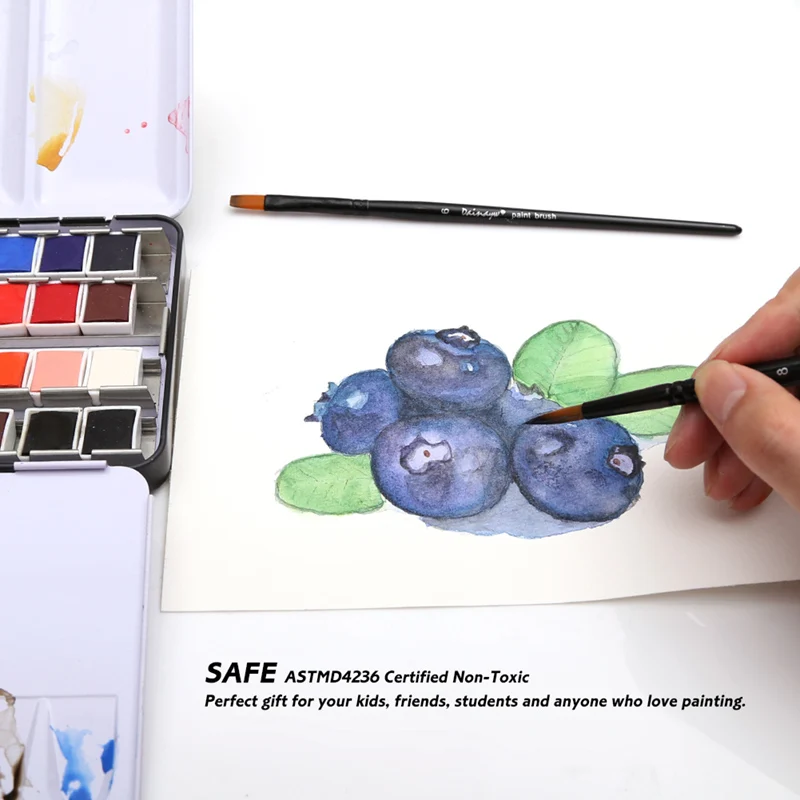 DAINAYW Portable 48Colors Pigment Solid Watercolor Paints Set Tin box Paint Set with 48Colors Half Pan 2 Brush Pen Water paper