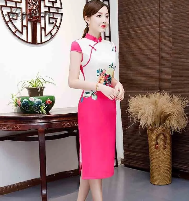 Новый 2019 принт Cheongsam современный двойной цвет Длинные Qipao Chinoise подобные шелковые платья для женщин Китайская традиционная одежда Qi Pao