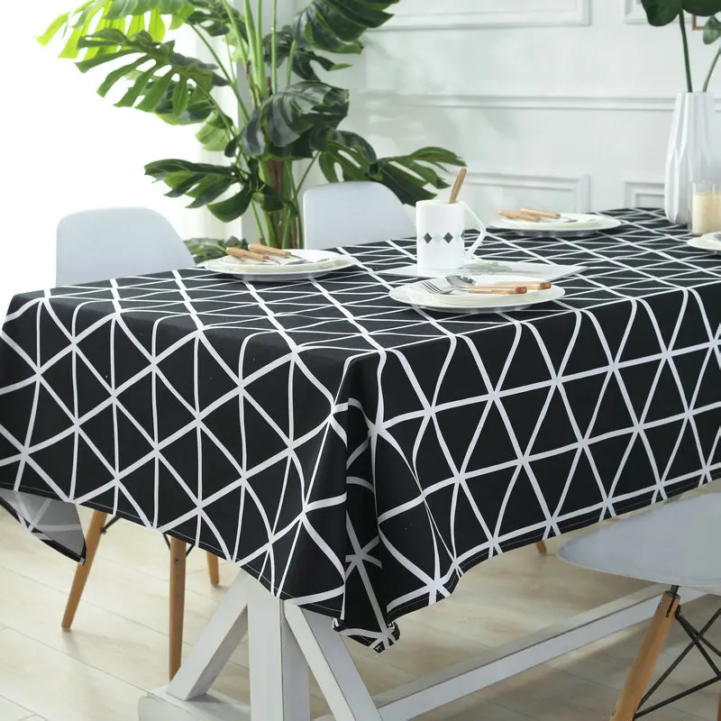 

New Black and White Line Tablecloth Japan Style Polyester Cotton Square Plaid Pattern Dust-proof Table cloth Wedding Cover cloth