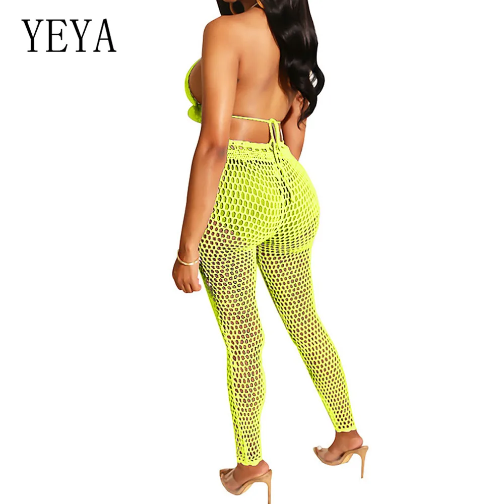 YEYA Summer Two Pieces Sets Tassel Strap Playsuits Elegant Hollow Out Grid See Through Jumpsuits Sexy Open Back Beach Overalls