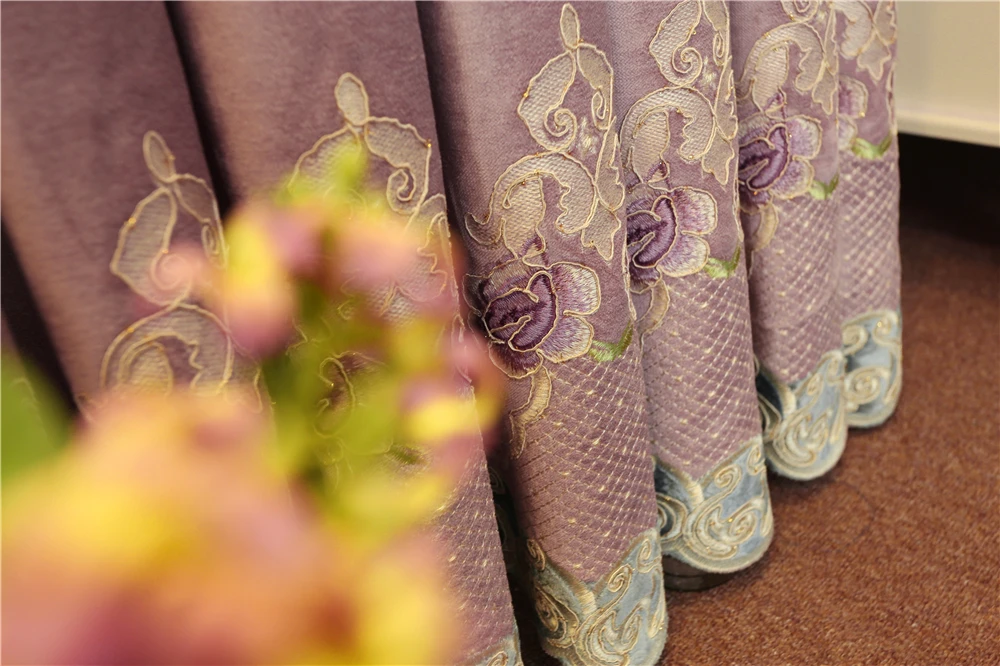 Европейские классические роскошные фиолетовые бархатные вышитые затемненные шторы для гостиной на заказ, высококачественные шторы для спальни