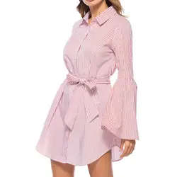 Повседневное Blusas Mujer 2019 Весенняя мода розовый полосатый Для женщин блузка с бантом Свободные Flare рукавом с лацканами длинные Стиль рубашки