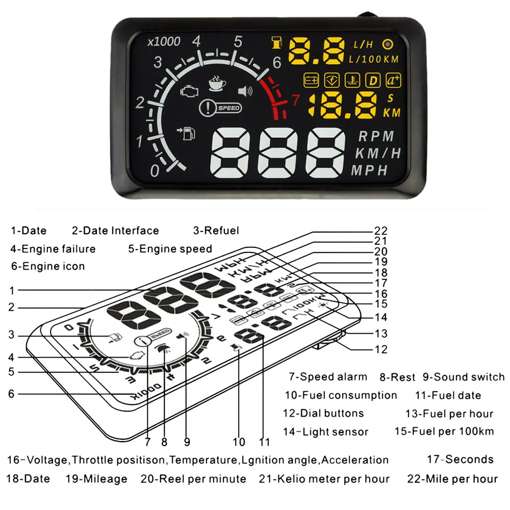 

Head Up Display Speeding Warning OBDII Interface Windshield Project System with Bluetooth Function to Connect Phone PC