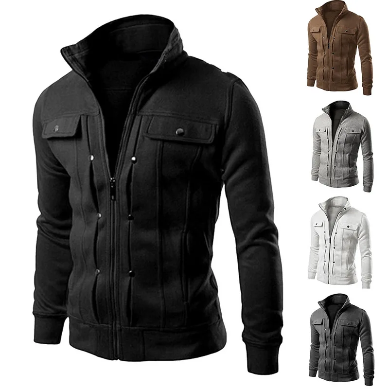 

Laamei Fashion Korean sports Sweatshirt jacket Men 2019 spring Autumn Stand Collar Fold Button decoration runner Sweatshirt