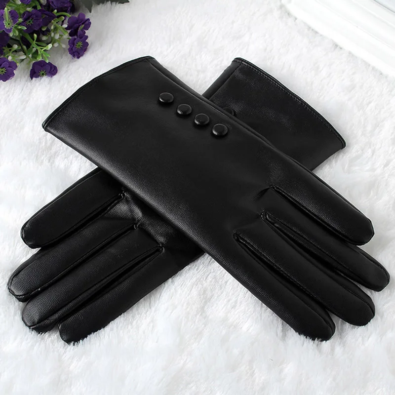 Высококачественные кожаные женские модные зимние теплые черные перчатки из бархата кораллового цвета, женские перчатки для вождения сенсорного экрана телефона, варежки B76 - Цвет: Black