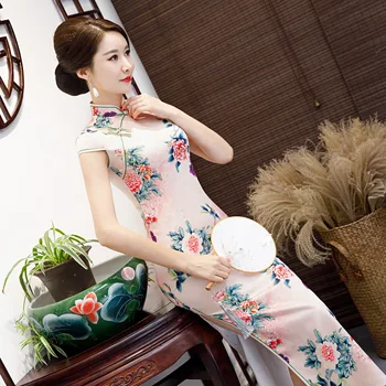 

Novelty Sexy Long Cheongsam 2019 Summer Traditional Chinese style Dress Womens Rayon Qipao Slim Party Dresses Button Vestido