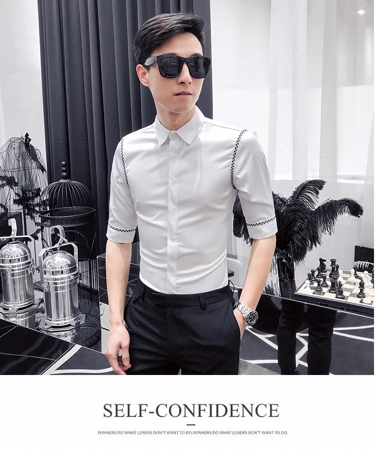 2019 рубашка Для мужчин Повседневное Slim Fit Половина рукавом Camisa смокинг рубашки дизайнеры социальной Masculina выпускного вечера вечерние