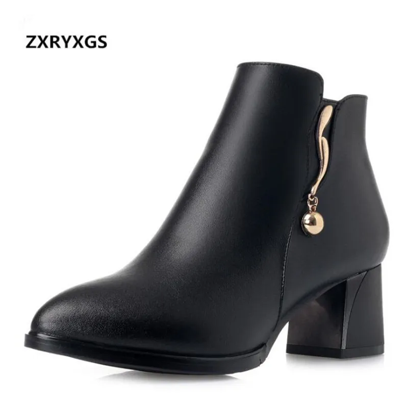 

ZXRYXGS Brand Shoes Woman Single Genuine Leather Shoes Ankle Boots 2018 New Plus Velvet Winter Boots Snow Boots Thick Heel Shoes