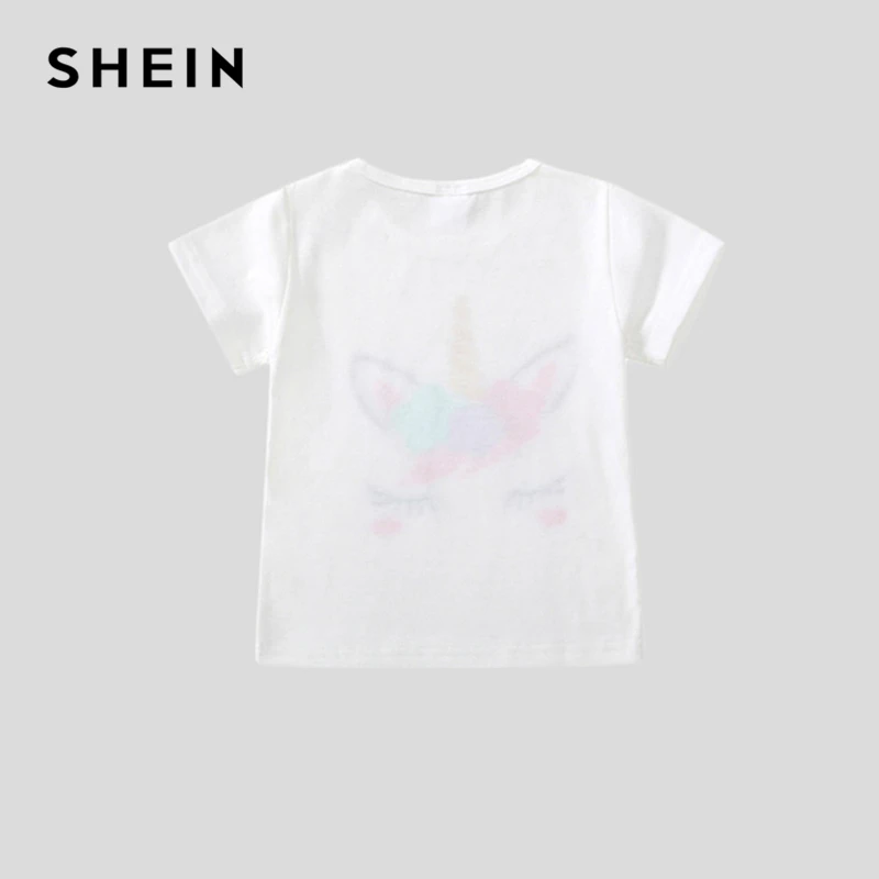 SHEIN Kiddie/белая Повседневная футболка с принтом героев мультфильмов топы для маленьких девочек, коллекция года, весенние модные рубашки с короткими рукавами для девочек детская футболка