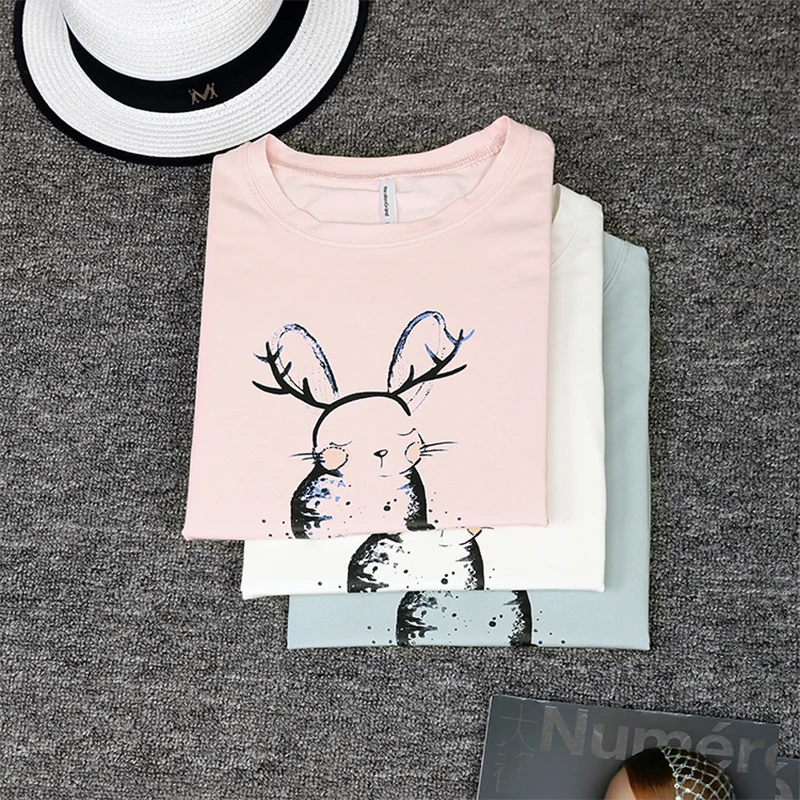 أرنب طباعة المرأة س الرقبة القطن T قميص السيدات طويلة الأكمام الربيع المؤنث فضفاض المحملة قميص الخريف بسيطة 2019 عارضة الأساسية قمم