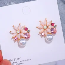 Корейский стиль, модные серьги-гвоздики в виде цветов для женщин и девочек, большие милые серьги в виде кристаллов в виде цветов, женские летние ювелирные изделия, подарки