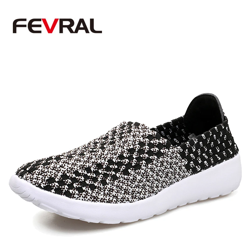 

FEVRAL Brand Woman Summer Casual Shoes Flat Breathable Shoes Mother Footwear Slip On Woman loafers Female Woven Shoes Size 35~40