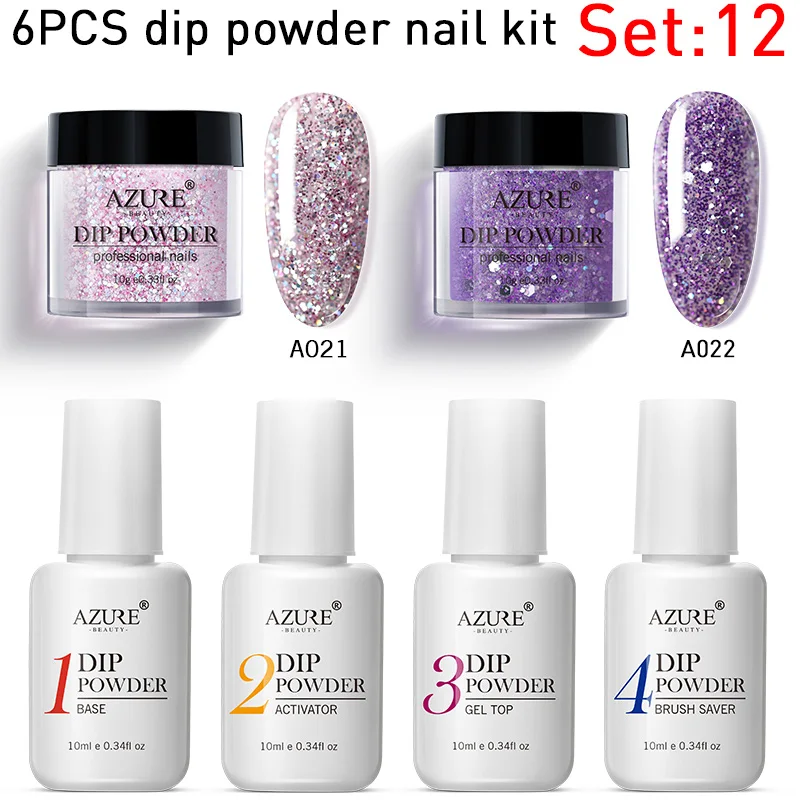 set 12 Azure beauty, 6 шт./лот, градиентный блестящий цвет, погружающийся порошок для нейл-арта, Dip порошок, набор, Базовое покрытие, топ, гель, блеск, порошок для ногтей, набор - Цвет: set 12