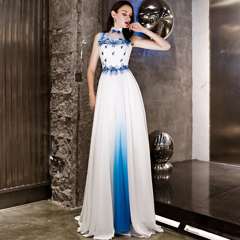 

2019 New White A-Line High Collar Formal Prom Dresses Sleeveless Sexy Womens Floor LengthEvening Gowns