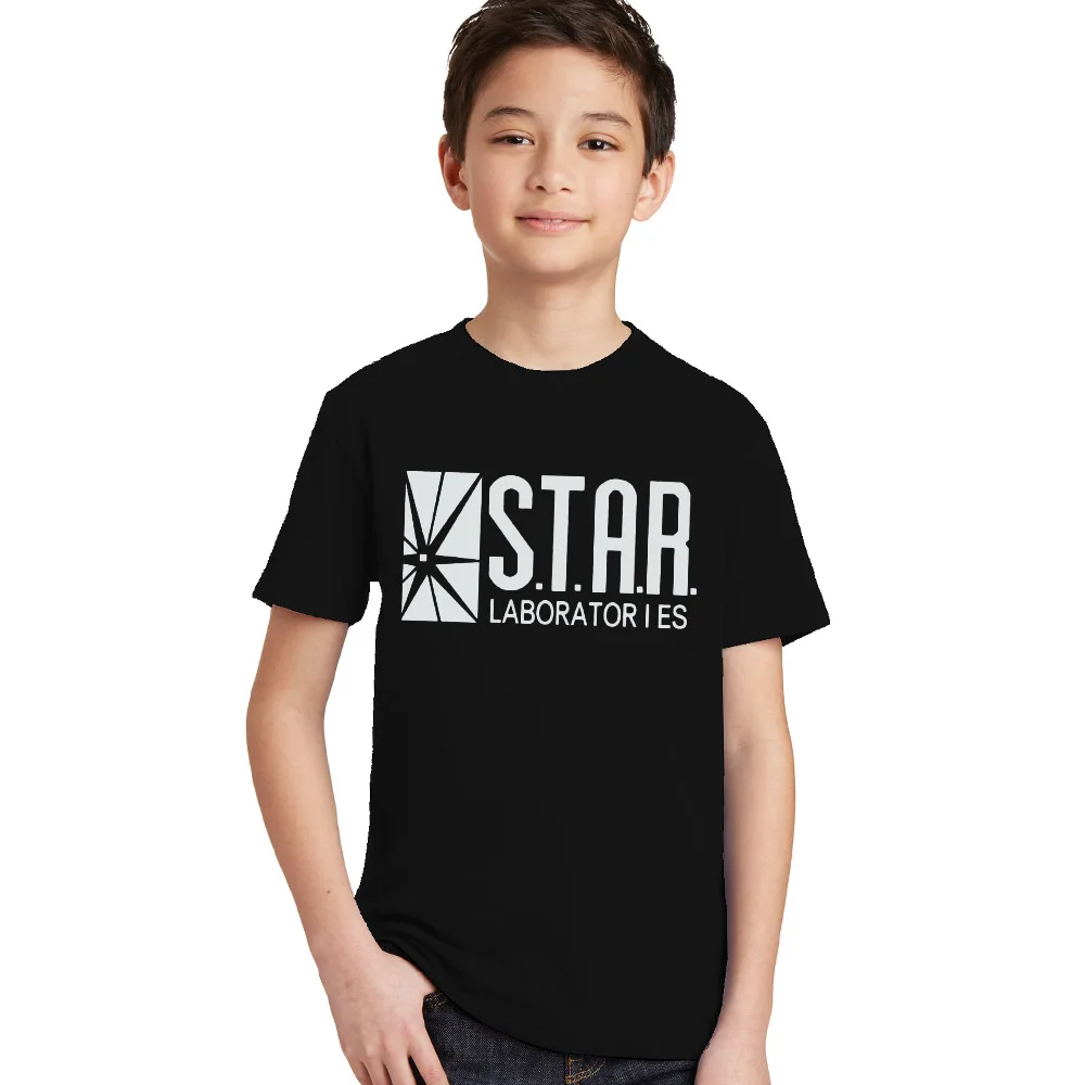 

3-10Y Kids Black Star Lab Letter Print Short Sleeve T Shirt Boys Novelty T-shirt Girls Tshirt Clothes Anime Comics The Flash