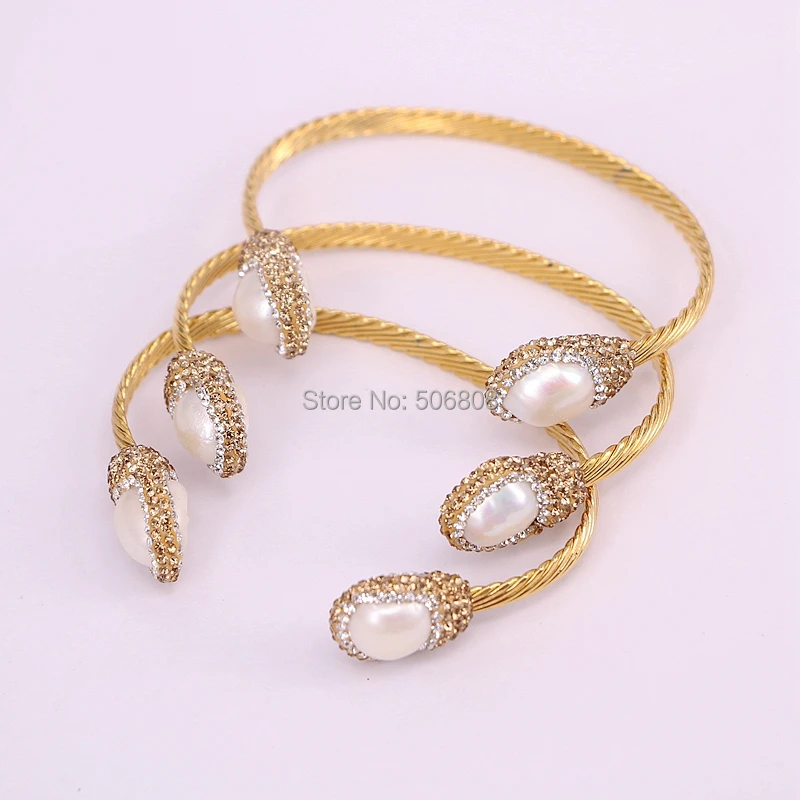 

5PCS Zyunz Natural Freshwater Pearls With Golden Cubic Zircon Paved Gold Electrplated Bangles For Women Fashion Jewelry