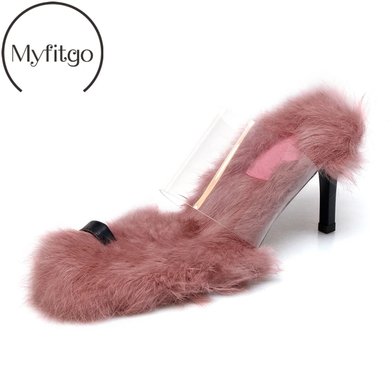 

Myfitgo PVC Rabbit fur Women Slippers High Heels Ladies Spring Summer Slides on Shoes Female Furry Sandals 7cm Thin Heel Fashion