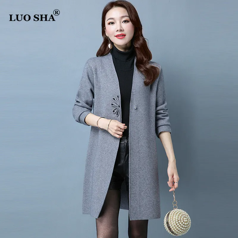 

LUO SHA Chinese Women's Clothing Women Cardigan Knitted Sweater Coat V-Neck Long Cardigan Female Jacket Disk Buckle Cardigan