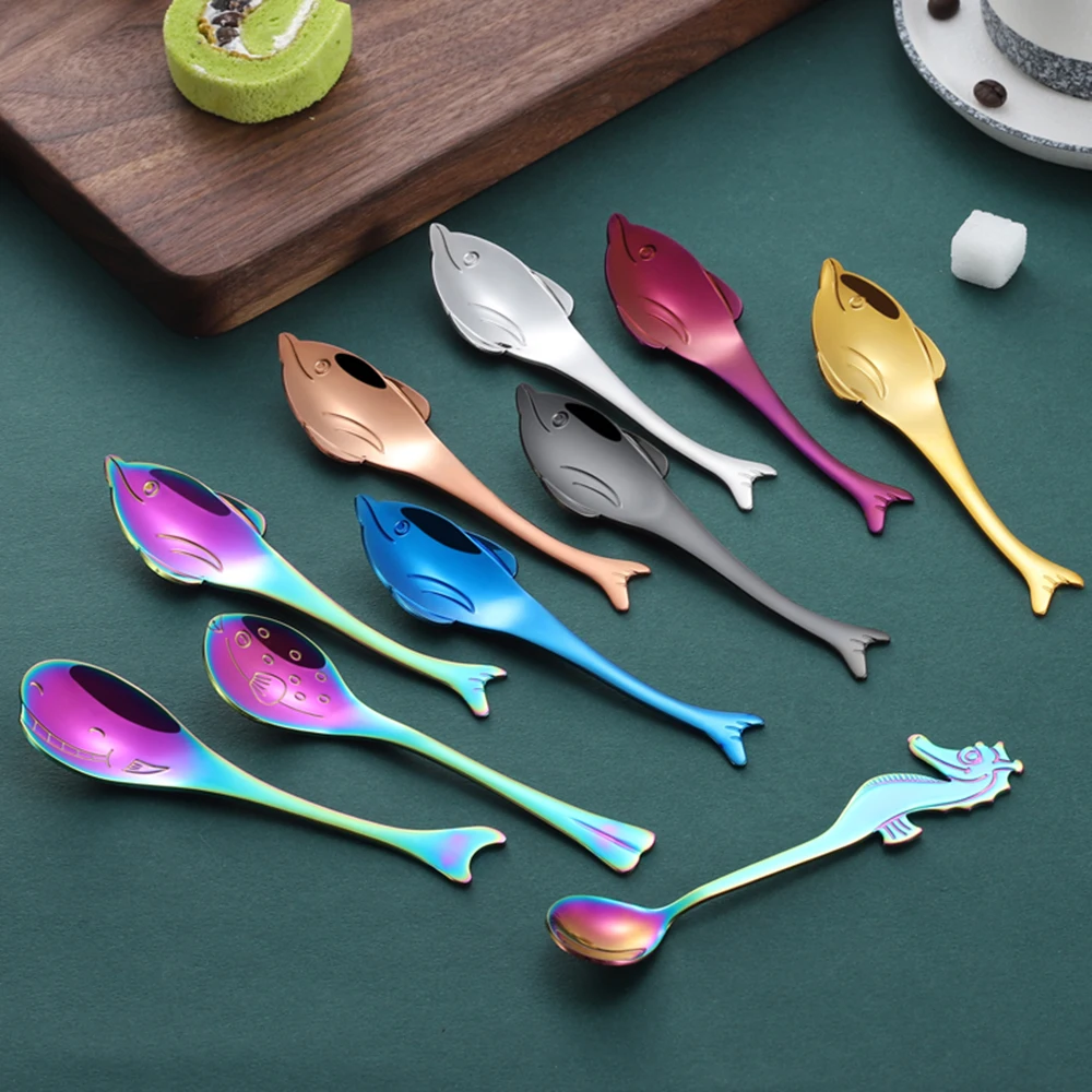 

1Pc Fish Hippocampus Dolphin Whale Puffer Stainless Steel Soup Spoons Chinese Dessert Tea Coffee Spoon Kitchen Tools