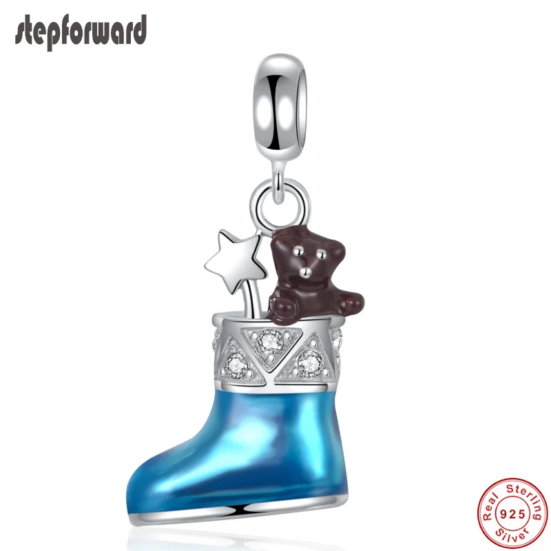 

Popular Mysterious Christmas Gift Enamel 925 Real Silver Sock With Bear Charm Fit Bracelet and Necklace