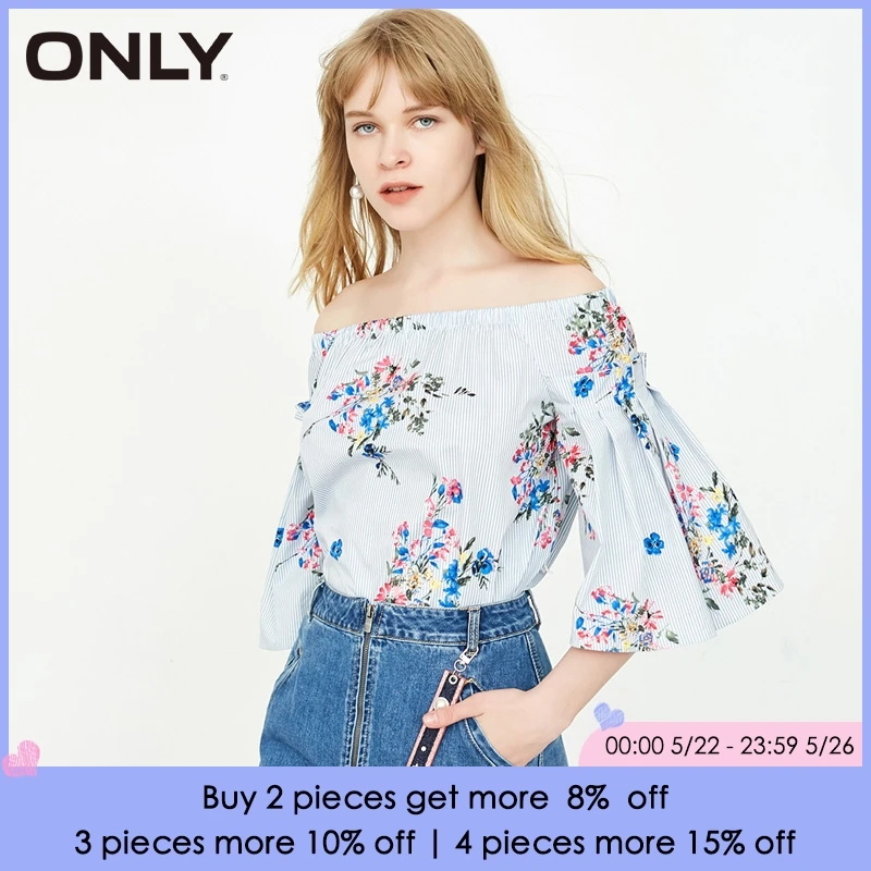 

ONLY Women's Spring & Summer 2019 Off-shoulder Flared Sleeves Lace-up Shirt |118158525