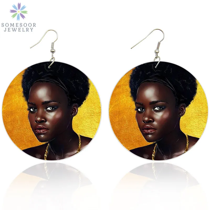 

SOMESOOR Vintage Portrait Earrings African Natural Wooden Dangle Afro Cruly Black Woman Design Both Sides Printing Jewelry Gifts