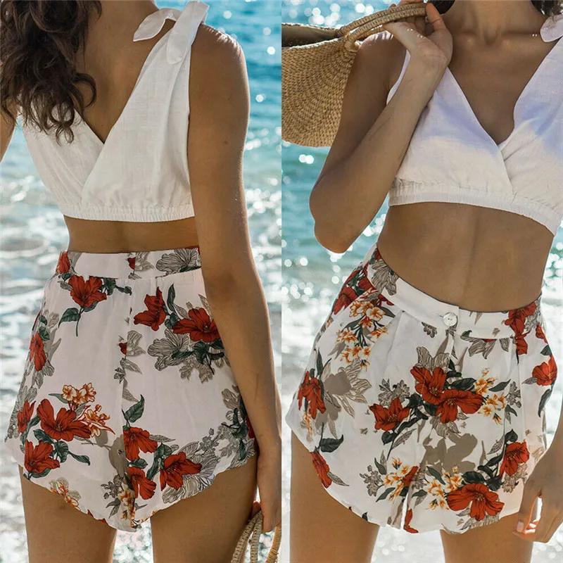 

2019 Women High Waist Shorts Swimwear Swimsuit Summer Casual Floral Beach Pants Shorts Swimming Bathing Suit