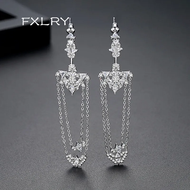

FXLRY new personality white color cubic zirconia Retro fashion long tassel female Earrings Bridal wedding jewelry