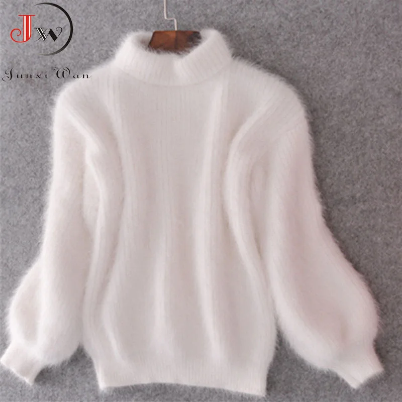 White Mohair Thicken Turtleneck Sweater 2019 Autumn Winter Sweet Fashion Lantern Sleeve Casual Solid Color Pullover pull femme|Pullovers| - AliExpress