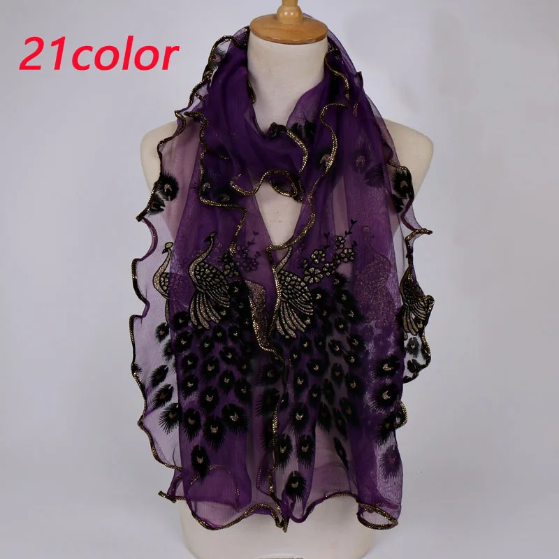 21 Colors Women Fashion Chiffon Silk Scarf Embroidered Lace Peacock