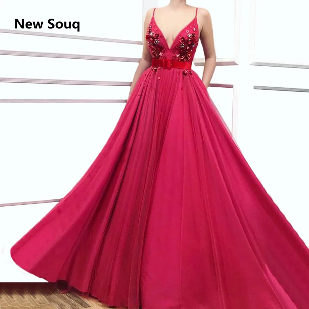 

Sexy V-neck Spaghetti Backless Prom Dresses Soft Tulle Applique Crystal 2019 Summer Prom Dress Custom Made Evening Party Gown