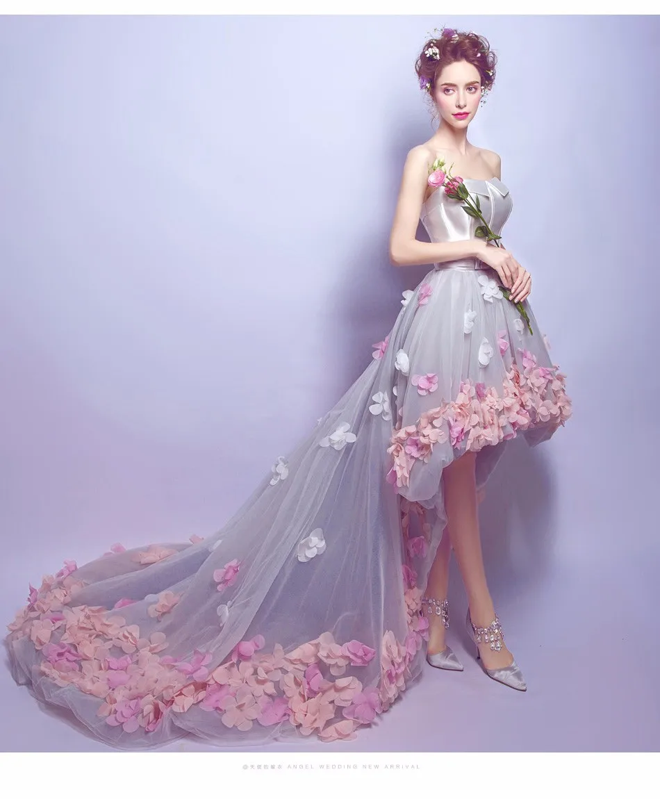 2020 Flowers Prom Dresses Short Front Long Back Evening Gown Gray Organza Fashion Party Formal Gown for Graduation