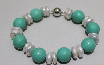 

hot sell Green turquoise 11.5mm white coin freshwater pearl Bracelet 8 Alloy "handmade" 5pc