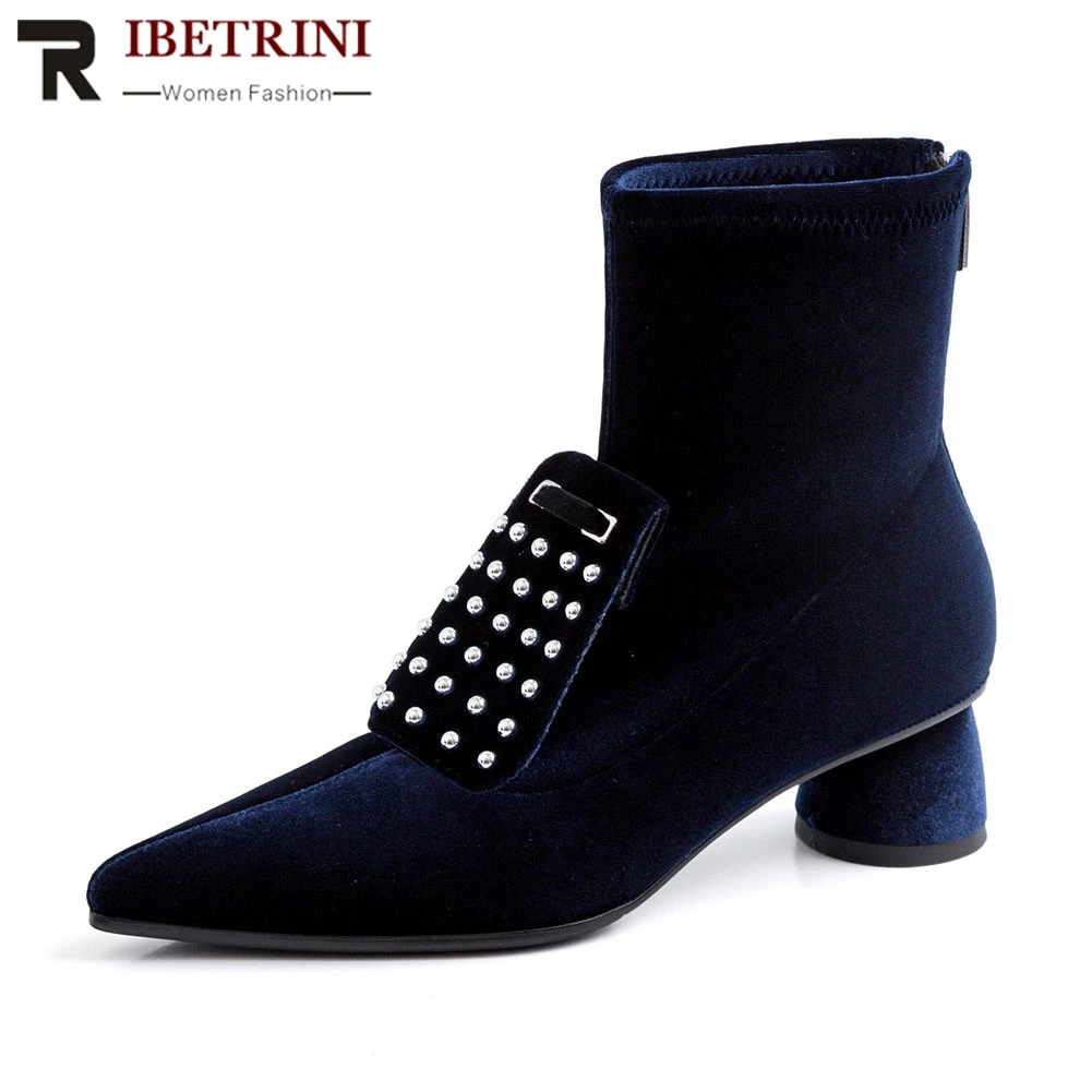 RIBETRNI New Fashion Ladies High Heels Pointed Toe Rivet Zip Shoes Woman Casual Party Office Autumn Spring Ankle Boots
