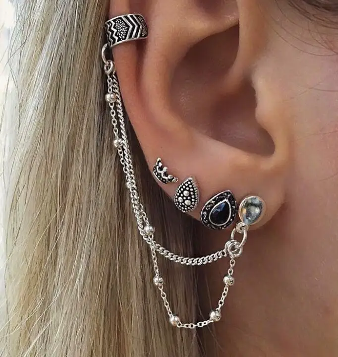 Women Fashion Punk Rock Leaf Chain Tassel Dangle Ear Cuff Wrap Earrings Ear Clip Sterling Silver Chain Tassel Drop Post Earrings for Woman Young Gift