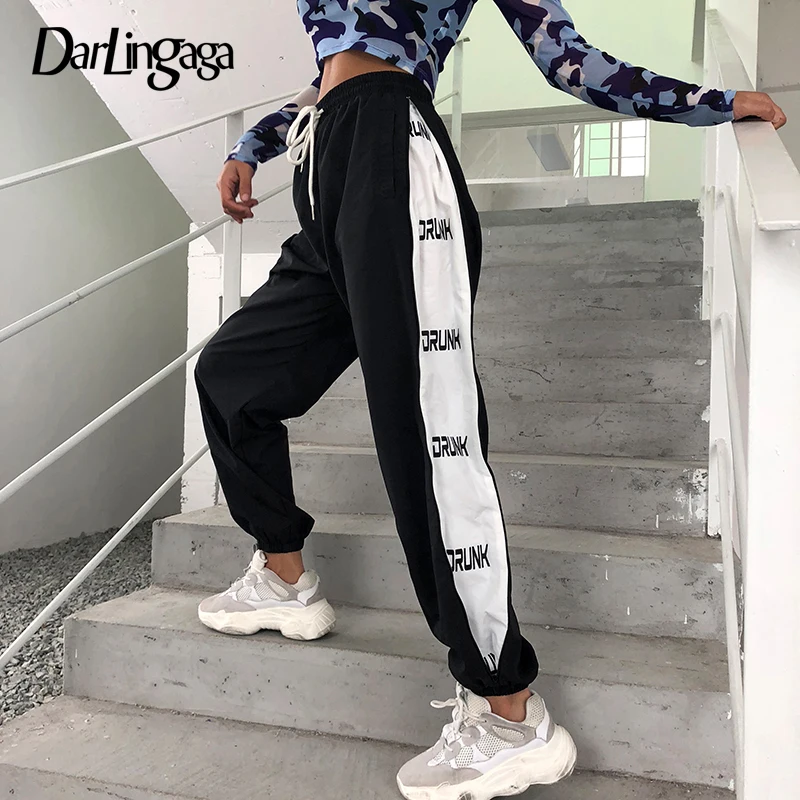 

Darlingaga Streetwear Hip Hop Summer Pants Women Side Stripe Letter Joggers Trousers Elastic High Waist Pants Bottom Capris 2019