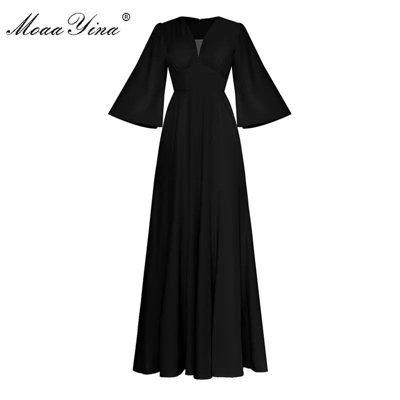 MoaaYina, модное дизайнерское подиумное платье, весна-лето, женское платье с v-образным вырезом и расклешенными рукавами, благородные элегантные вечерние платья макси