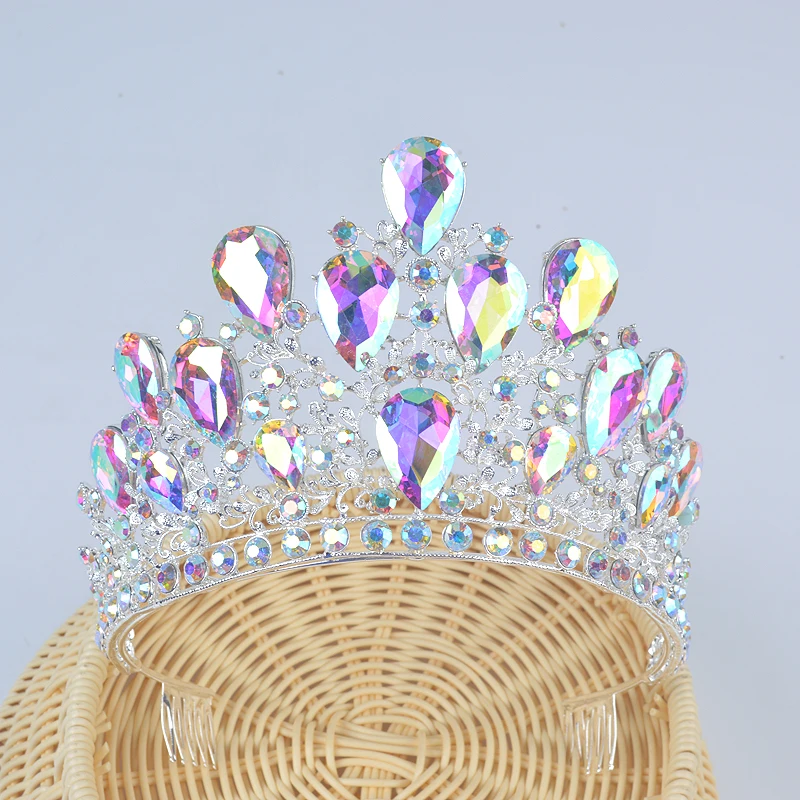 Ab Роскошная свадебная тиара с большим кристаллом, Королевская корона, свадебные аксессуары для волос, диадема, головная повязка, пышные украшения для волос, головной убор